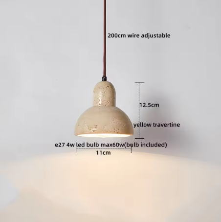 Travertijn Hanglamp – Moderne Grotsteen LED Plafondlamp met Houten Accenten
