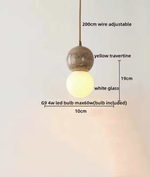 Travertijn Hanglamp – Moderne Grotsteen LED Plafondlamp met Houten Accenten