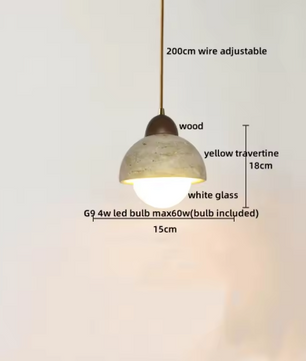 Travertijn Hanglamp – Moderne Grotsteen LED Plafondlamp met Houten Accenten