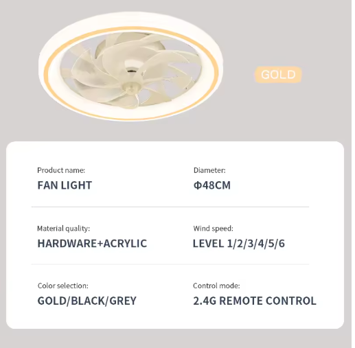 Slimme Plafondventilator met LED Verlichting – Intrekbare Bladen & Afstandsbediening, 48 cm