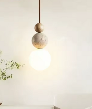 Travertin & Houten Hanglamp – Moderne Natuursteen LED Plafondlamp