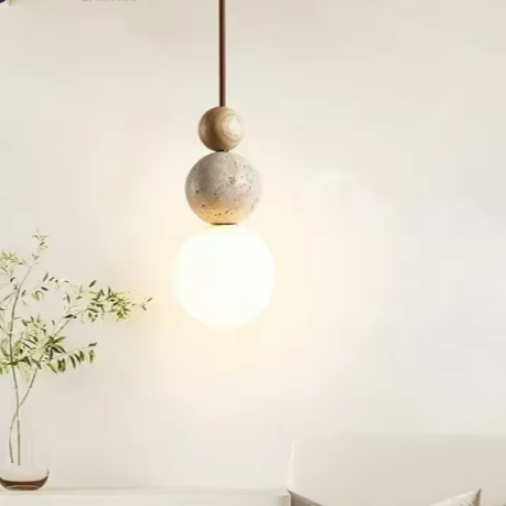 Travertin & Houten Hanglamp – Moderne Natuursteen LED Plafondlamp