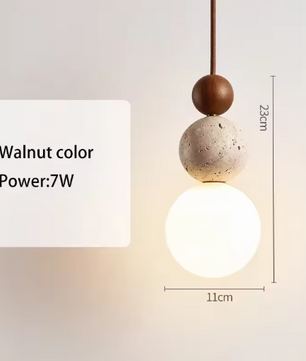 Travertin & Houten Hanglamp – Moderne Natuursteen LED Plafondlamp