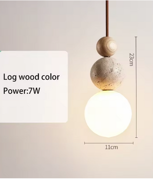 Travertin & Houten Hanglamp – Moderne Natuursteen LED Plafondlamp