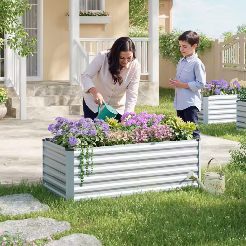 Verhoogd Metalen Tuinbed – Gegalvaniseerd Staal, Anti-Roest, Zilver – Voor Groenten, Kruiden en Bloemen