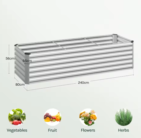 Verhoogd Metalen Tuinbed – Gegalvaniseerd Staal, Anti-Roest, Zilver – Voor Groenten, Kruiden en Bloemen