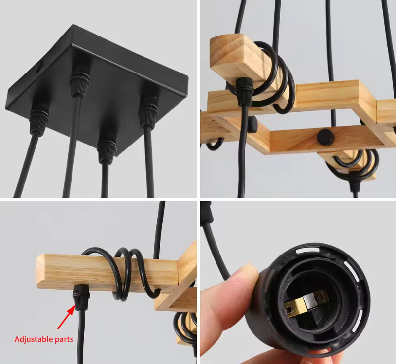Industriële Vintage Hanglamp – Houten Kroonluchter met E27 Fitting – Zwart