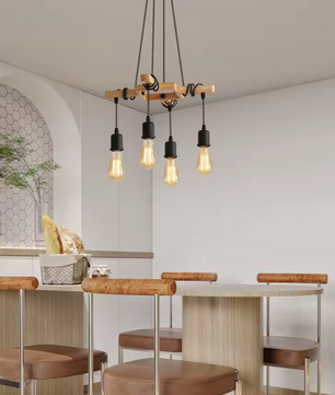 Industriële Vintage Hanglamp – Houten Kroonluchter met E27 Fitting – Zwart