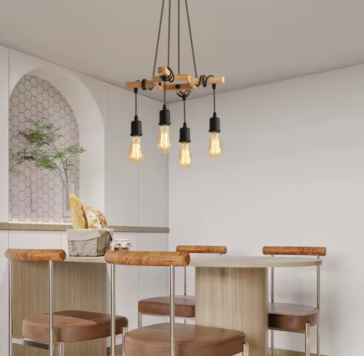 Industriële Vintage Hanglamp – Houten Kroonluchter met E27 Fitting – Zwart