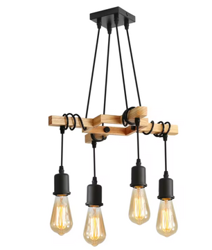 Industriële Vintage Hanglamp – Houten Kroonluchter met E27 Fitting – Zwart