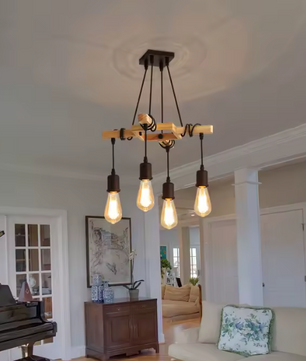 Industriële Vintage Hanglamp – Houten Kroonluchter met E27 Fitting – Zwart