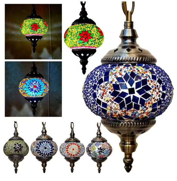 Turkse Marokkaanse Mozaïek Hanglamp – Handgemaakte Glazen Bol & Mediterrane Stijl