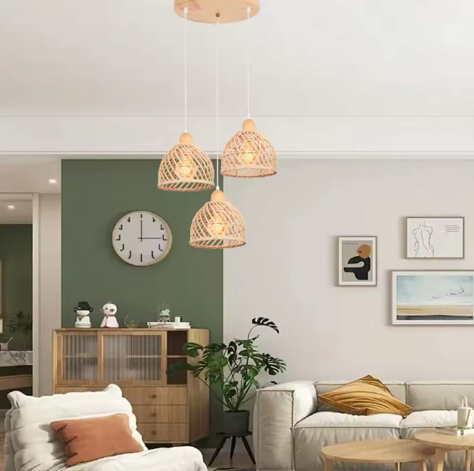 Vintage Rotan Hanglamp – Bamboe Rieten Plafondlamp met Gevlochten Scherm
