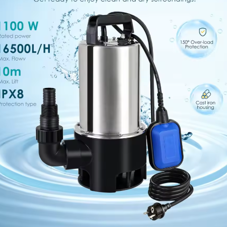 RVS Dompelpomp – 1100W, 16500 L/u, Vuilwaterpomp met Vlotterschakelaar