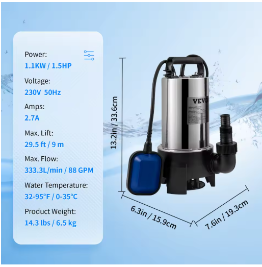 Dompelpomp voor Waterafvoer – 550W tot 2200W, met Automatische Vlotterschakelaar