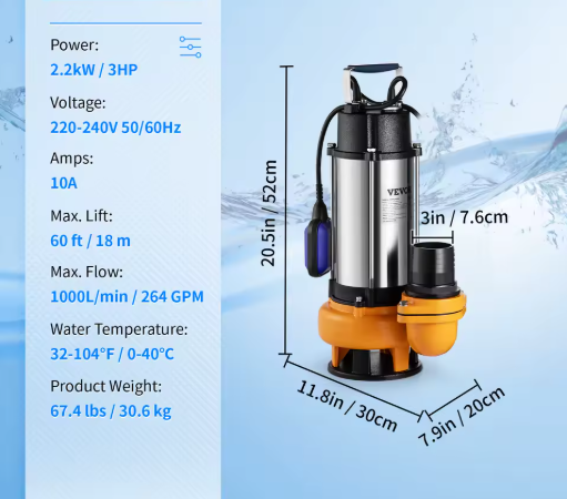 Dompelpomp voor Waterafvoer – 550W tot 2200W, met Automatische Vlotterschakelaar