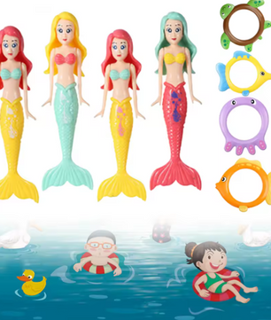 Set van 8 Zinkend Zwembad Duikspeelgoed – 4 Duikringen & 4 Zeemeerminnen, Kleurrijk Onderwater Speelgoed voor Kinderen