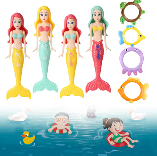 Set van 8 Zinkend Zwembad Duikspeelgoed – 4 Duikringen & 4 Zeemeerminnen, Kleurrijk Onderwater Speelgoed voor Kinderen