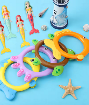 Set van 8 Zinkend Zwembad Duikspeelgoed – 4 Duikringen & 4 Zeemeerminnen, Kleurrijk Onderwater Speelgoed voor Kinderen