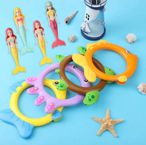 Set van 8 Zinkend Zwembad Duikspeelgoed – 4 Duikringen & 4 Zeemeerminnen, Kleurrijk Onderwater Speelgoed voor Kinderen