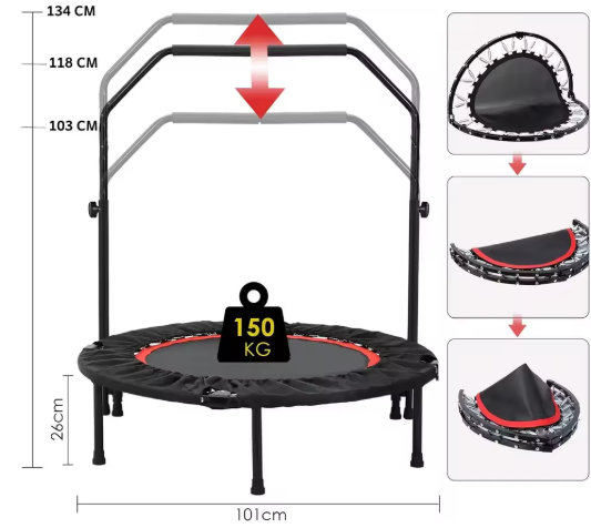 Opvouwbare Fitness Trampoline Ø 101 cm – Met Verstelbaar Handvat, Indoor & Outdoor Rebounder, Draagvermogen 150 kg