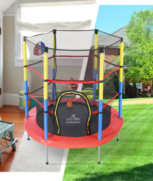 Kindertrampoline 145 cm met Basketbalmand – Voor Binnen & Buiten, Inclusief Pomp en Ballen, Draagvermogen 45 kg