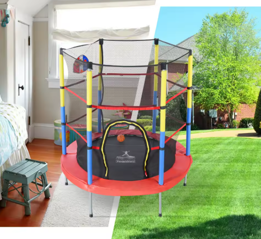 Kindertrampoline 145 cm met Basketbalmand – Voor Binnen & Buiten, Inclusief Pomp en Ballen, Draagvermogen 45 kg