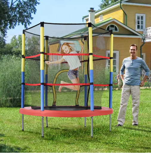 Kindertrampoline 145 cm met Basketbalmand – Voor Binnen & Buiten, Inclusief Pomp en Ballen, Draagvermogen 45 kg