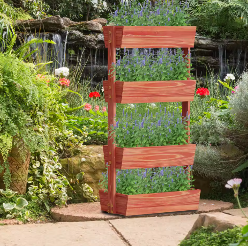 4-Laags Verhoogd Tuinbed – Verticaal Houten Bloempottenrek met Afneembare Ladder & Verstelbare Planken