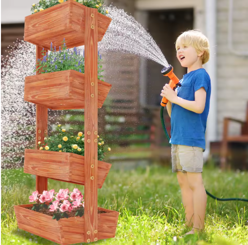 4-Laags Verhoogd Tuinbed – Verticaal Houten Bloempottenrek met Afneembare Ladder & Verstelbare Planken