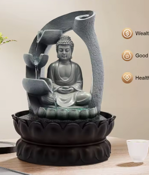 Boeddha Tafelfontein met LED-licht en Lotusbasis – Compacte Hars Binnenfontein voor Rust, Meditatie & Decoratie