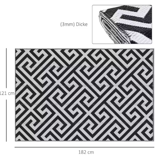 Waterdicht Dubbelzijdig Buitentapijt – 121×182 cm, Zwart/Wit, Kunststof, Geschikt voor Terras, Tuin en Kamperen