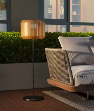 Straatlantaarn op Zonne-energie – Warm Wit LED-licht, Waterdichte Tuinvloerlamp met Rotan Kap, IP44