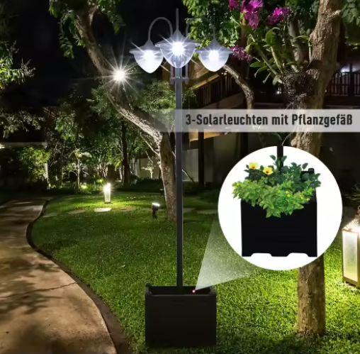 Metalen Zonne-energie Vloerlamp – Waterdichte Buitenlamp met Bloempotvoet, 189 cm Hoog