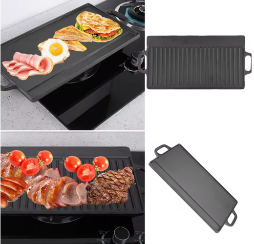 Dubbelzijdige Gietijzeren Grillplaat met Antiaanbaklaag – Geribbeld & Glad Kookoppervlak