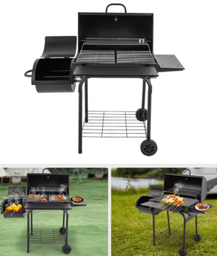 Zwarte Houtskoolgrill BBQ-oven met Wielen en Zijvuurbox – Draagbare Barbecue voor Tuin, Camping en Picknicks