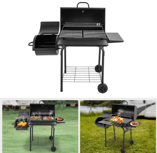 Zwarte Houtskoolgrill BBQ-oven met Wielen en Zijvuurbox – Draagbare Barbecue voor Tuin, Camping en Picknicks