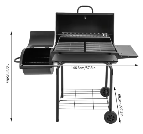 Zwarte Houtskoolgrill BBQ-oven met Wielen en Zijvuurbox – Draagbare Barbecue voor Tuin, Camping en Picknicks