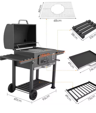 Grote Houtskoolbarbecue met Verstelbare Hoogte, 2 Opvouwbare Bijzettafels en Wielen – BBQ Grill voor Tuin, Camping en Picknick