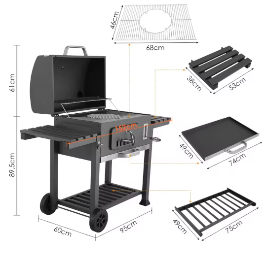 Grote Houtskoolbarbecue met Verstelbare Hoogte, 2 Opvouwbare Bijzettafels en Wielen – BBQ Grill voor Tuin, Camping en Picknick