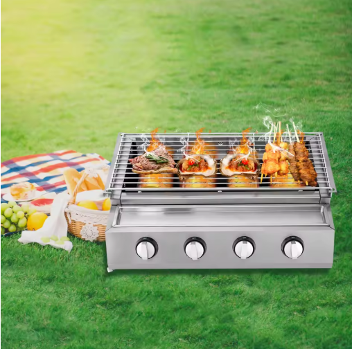 Rookloze Barbecuegrill met 4 Branders – Verstelbare LPG-gasgrill voor Buiten, Draagbaar en Verwijderbaar