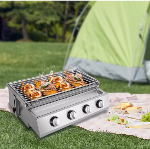 Rookloze Barbecuegrill met 4 Branders – Verstelbare LPG-gasgrill voor Buiten, Draagbaar en Verwijderbaar