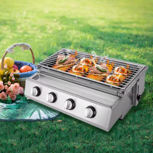 Rookloze Barbecuegrill met 4 Branders – Verstelbare LPG-gasgrill voor Buiten, Draagbaar en Verwijderbaar