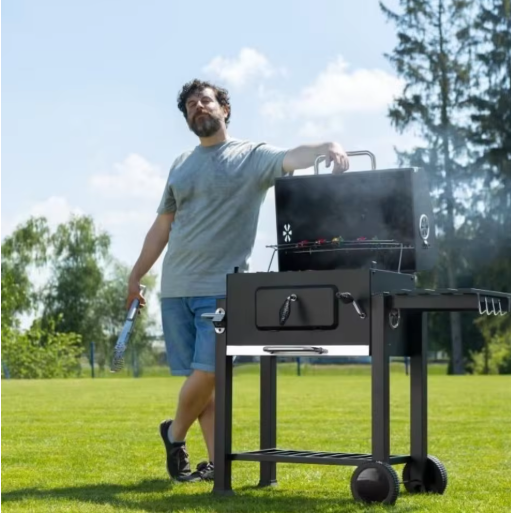 Opvouwbare Houtskoolbarbecue met 3 Branders, Bijzetplanken en Verstelbare Houtskoolbak – Ideaal voor Buiten Koken en Kamperen