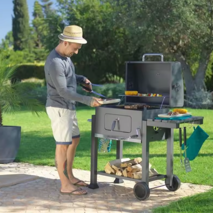 Opvouwbare Houtskoolbarbecue met 3 Branders, Bijzetplanken en Verstelbare Houtskoolbak – Ideaal voor Buiten Koken en Kamperen