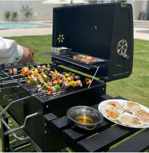 Outdoor Houtskoolgrill met Thermometer, Wielen en Plank – Perfect voor Barbecue, Camping en Picknick