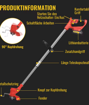 Draadloze Grastrimmer – Elektrische Grasmaaier met 2x2000mAh Batterijen, Telescopische Grasmaaier met 4 Messen en 90° Verstelbare Snijkop