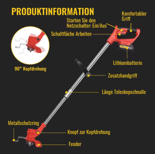 Draadloze Grastrimmer – Elektrische Grasmaaier met 2x2000mAh Batterijen, Telescopische Grasmaaier met 4 Messen en 90° Verstelbare Snijkop