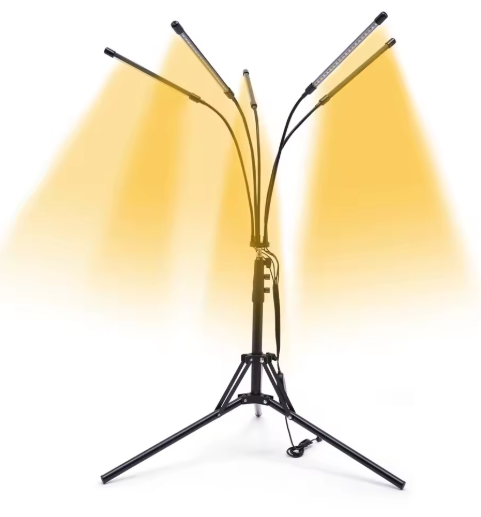 LED Groeilamp voor Kamerplanten met Standaard – 5-Koppige Plantengroeilamp met Volledig Spectrum, 4/8/12 uur Timer, Verstelbaar Statief