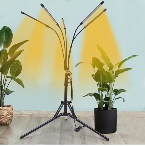 LED Groeilamp voor Kamerplanten met Standaard – 5-Koppige Plantengroeilamp met Volledig Spectrum, 4/8/12 uur Timer, Verstelbaar Statief